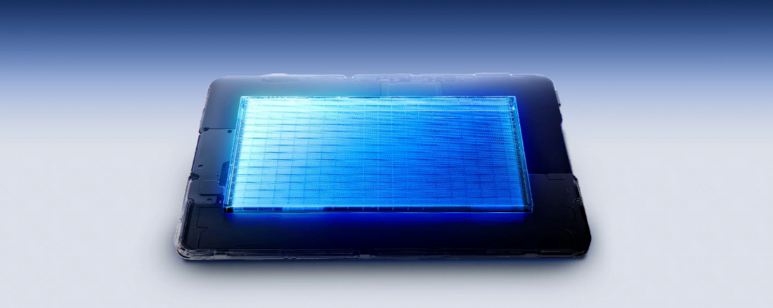 The glowing 8,300mAh dual-cell battery inside the REDMAGIC Astra 2 gaming tablet.