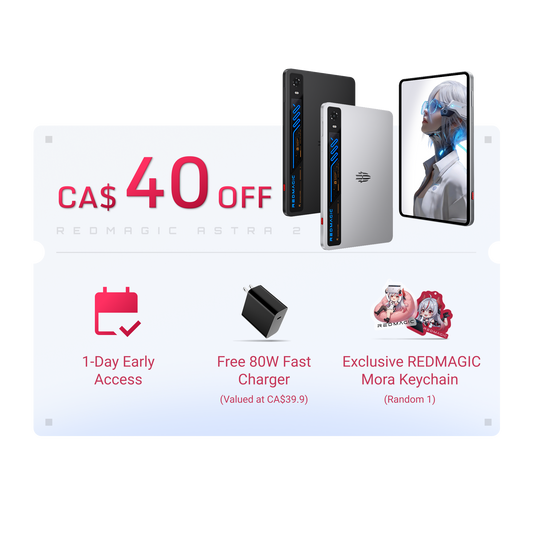 Promotional graphic for the REDMAGIC ASTRA 2 smartphone showing the phone in black and silver finishes, along with a phone screen mockup. Large text reads 'CA$40 OFF' with additional offer icons and text for 1-day early access, a free 80W fast charger, and an exclusive REDMAGIC Mora keychain.